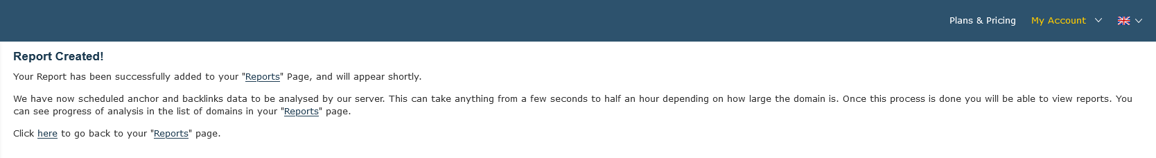 Report Created Screen